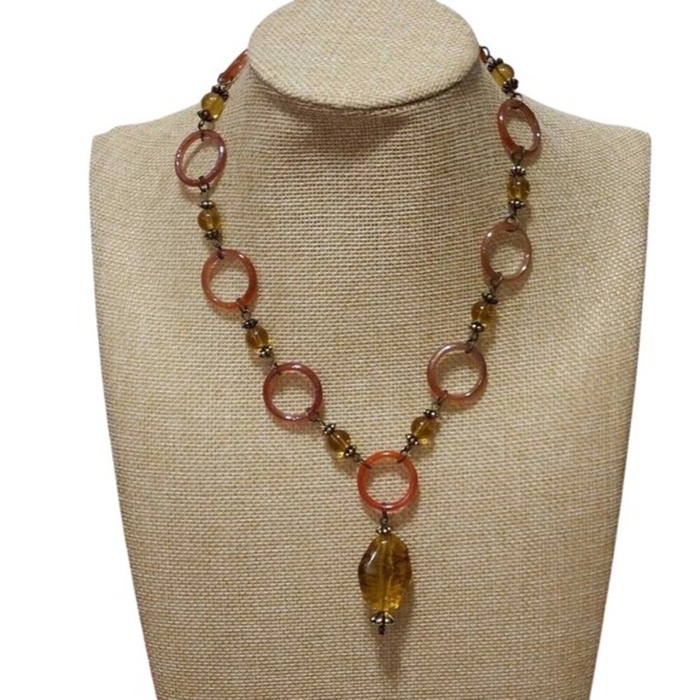 Aris by Treska Amber Terracottaโ Resin Ring Beaded Statement Necklace NWT